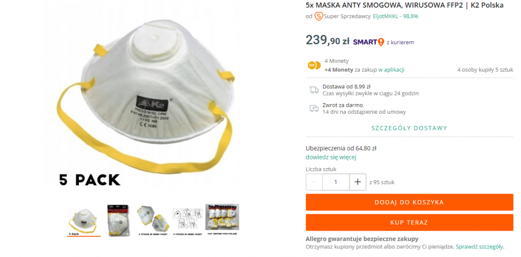 Pięć maseczek przeciwpyłowych kosztuje na Allegro 240 zł. Znaleźli się ludzie skłonni tyle zapłacić.